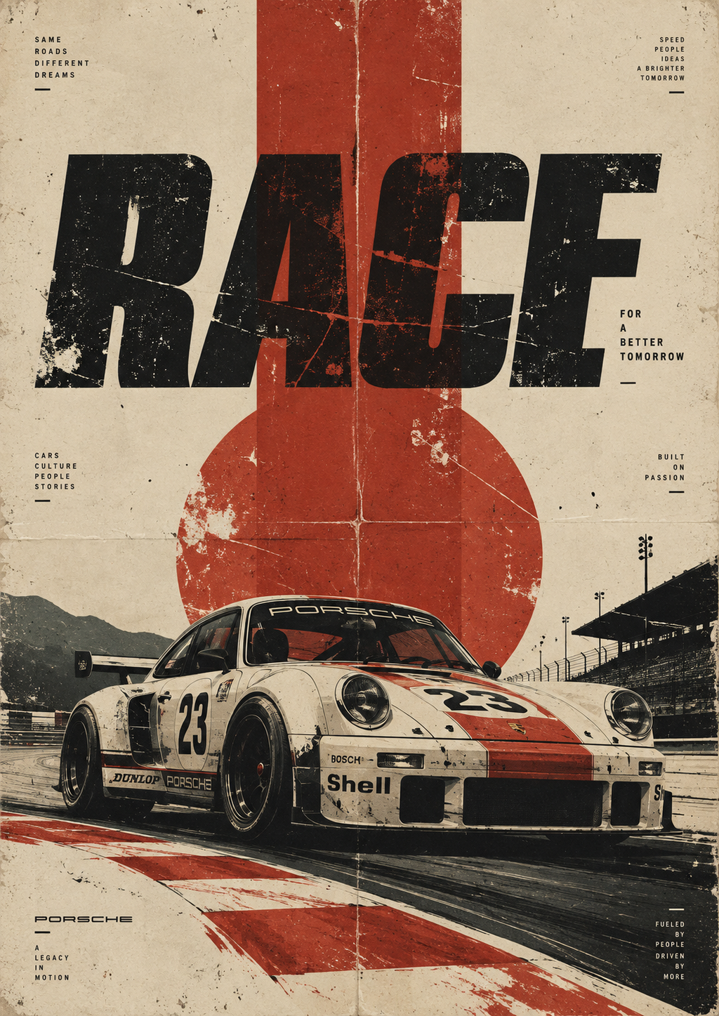 A classic white race car with red stripes and number 23 on a track under RACE lettering and a red sun, full artwork
