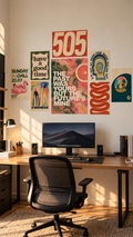 Retro gallery wall of 8 posters with bold numbers, a flamingo, wavy shapes and quote prints, wall poster pack above a desk
