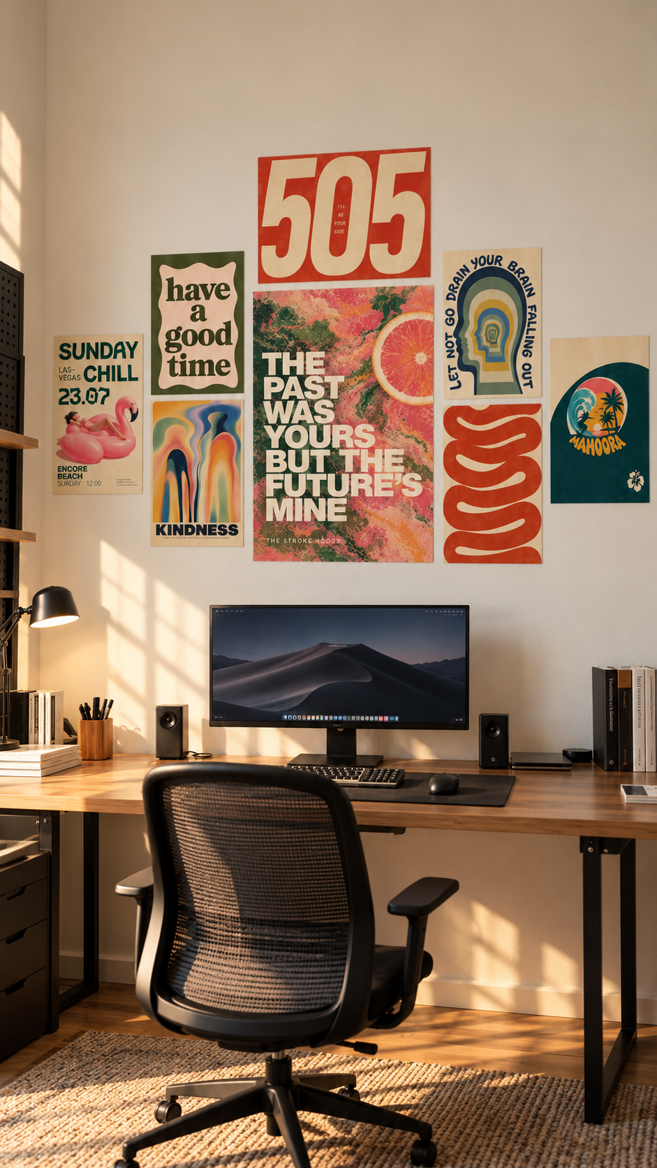 Retro gallery wall of 8 posters with bold numbers, a flamingo, wavy shapes and quote prints, wall poster pack above a desk