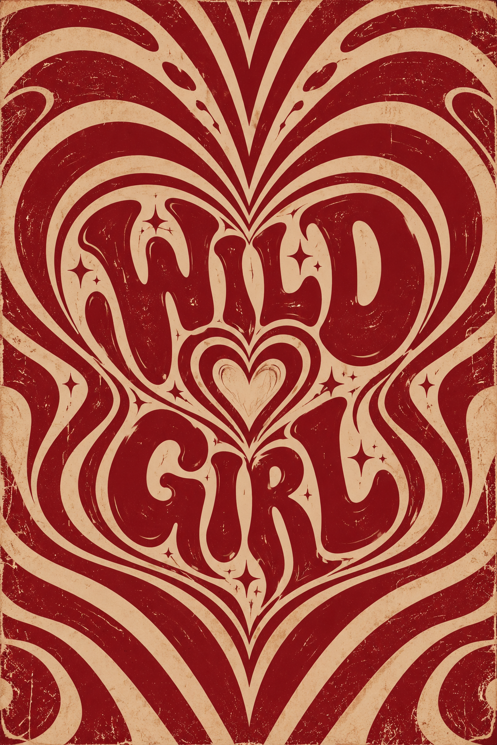 Burgundy and cream psychedelic waves forming a heart around WILD GIRL lettering, full artwork