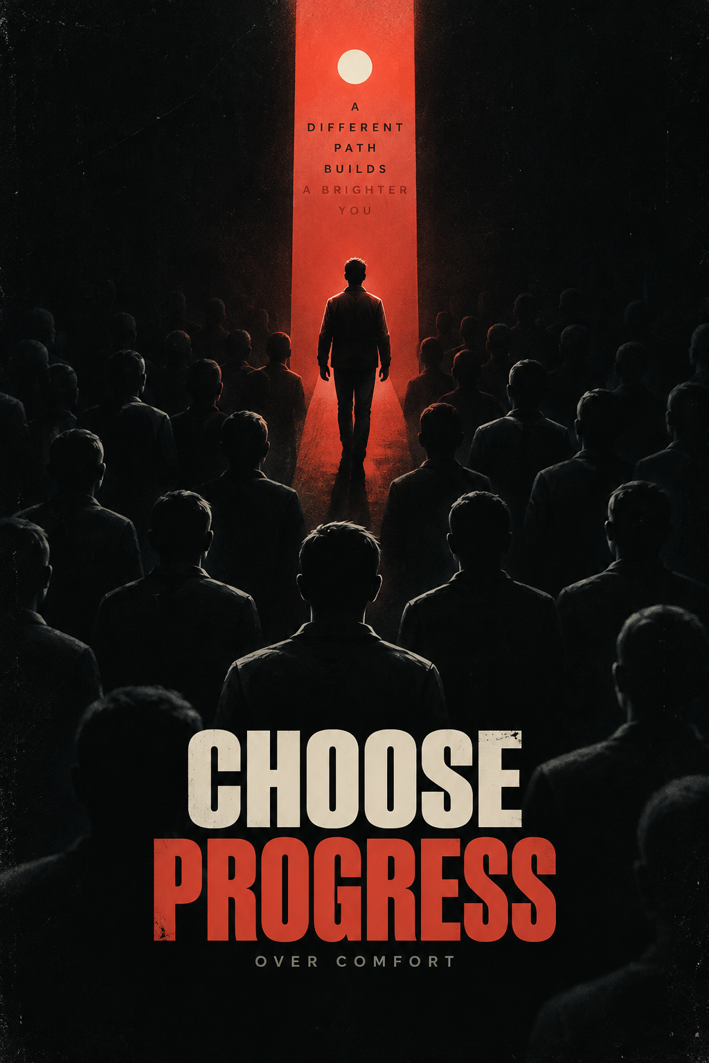 A lone figure walking out of a dark crowd into a red beam of light, with CHOOSE PROGRESS in bold letters, full artwork