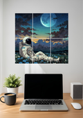 An astronaut resting in a field of flowers under a glowing moon and starry clouds, 6 piece split poster above a desk