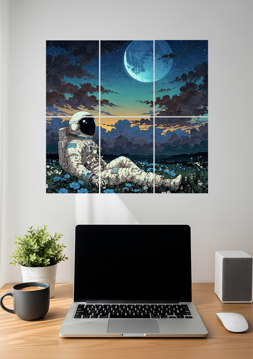 An astronaut resting in a field of flowers under a glowing moon and starry clouds, 6 piece split poster above a desk