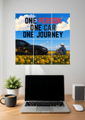 A black sports car parked by a man in a cap in a yellow flower field under a blue sky with bold text, 6 piece split poster above a desk
