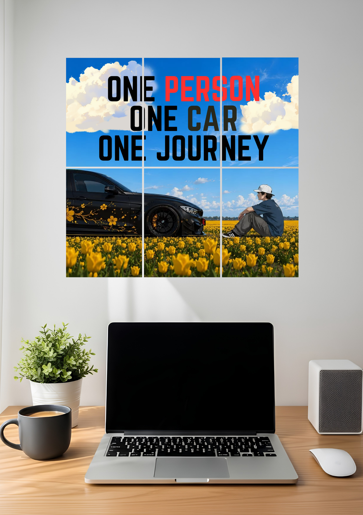 A black sports car parked by a man in a cap in a yellow flower field under a blue sky with bold text, 6 piece split poster above a desk