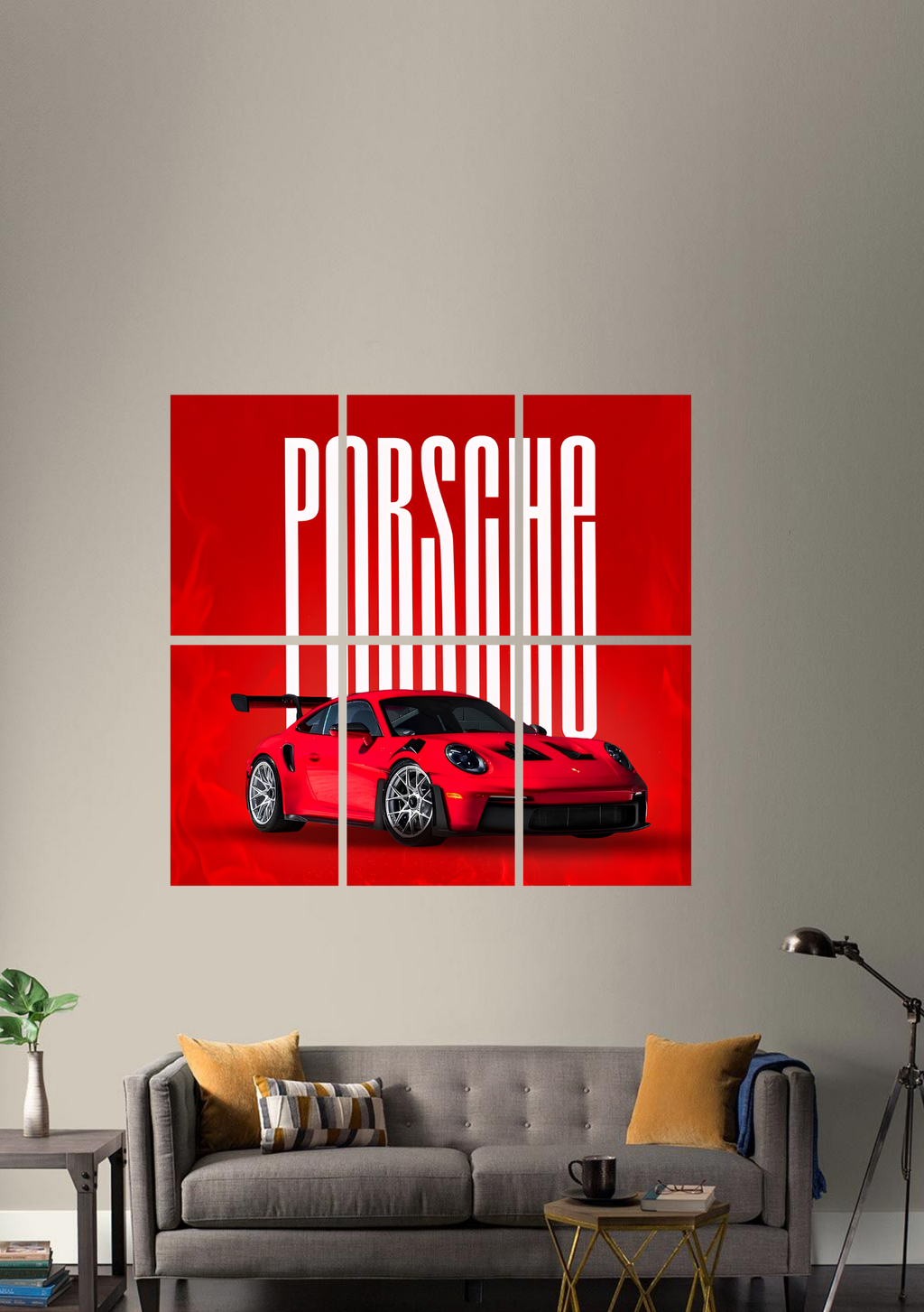 A red sports car with a rear wing below tall white lettering on a solid red background, 6 piece split poster in a styled room