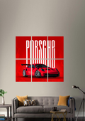 A red sports car with a rear wing below tall white lettering on a solid red background, 6 piece split poster in a styled room
