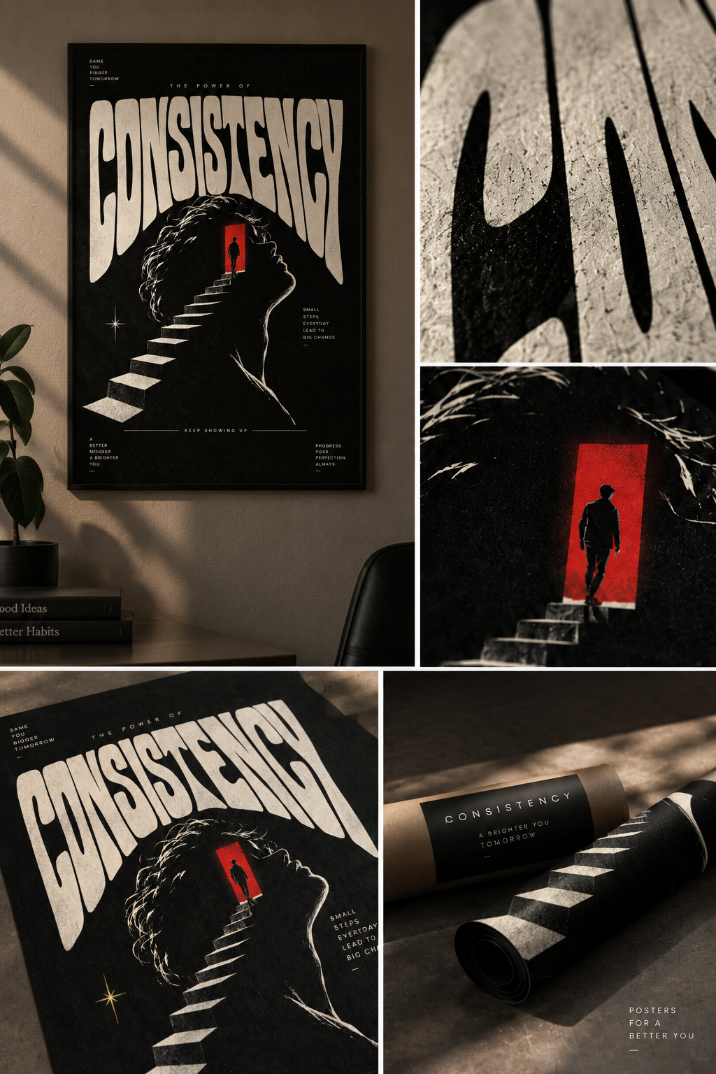 Warped white CONSISTENCY lettering over a head silhouette with a staircase climbing to a red-lit door, poster close-up details