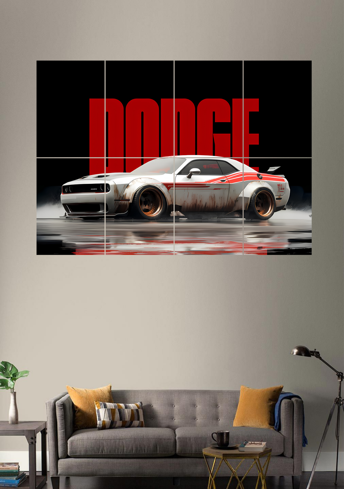 A white muscle car with red racing stripes on a wet black floor under big red lettering, 8 piece split poster in a styled room