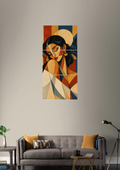 Abstract woman with closed eyes in warm ochre, rust and navy cubist shapes across three tall panels, 3 piece split poster above a sofa