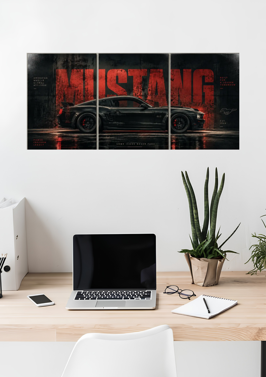 A dark muscle car in a red-lit garage with large red lettering across three panels, 3 piece split poster above a desk