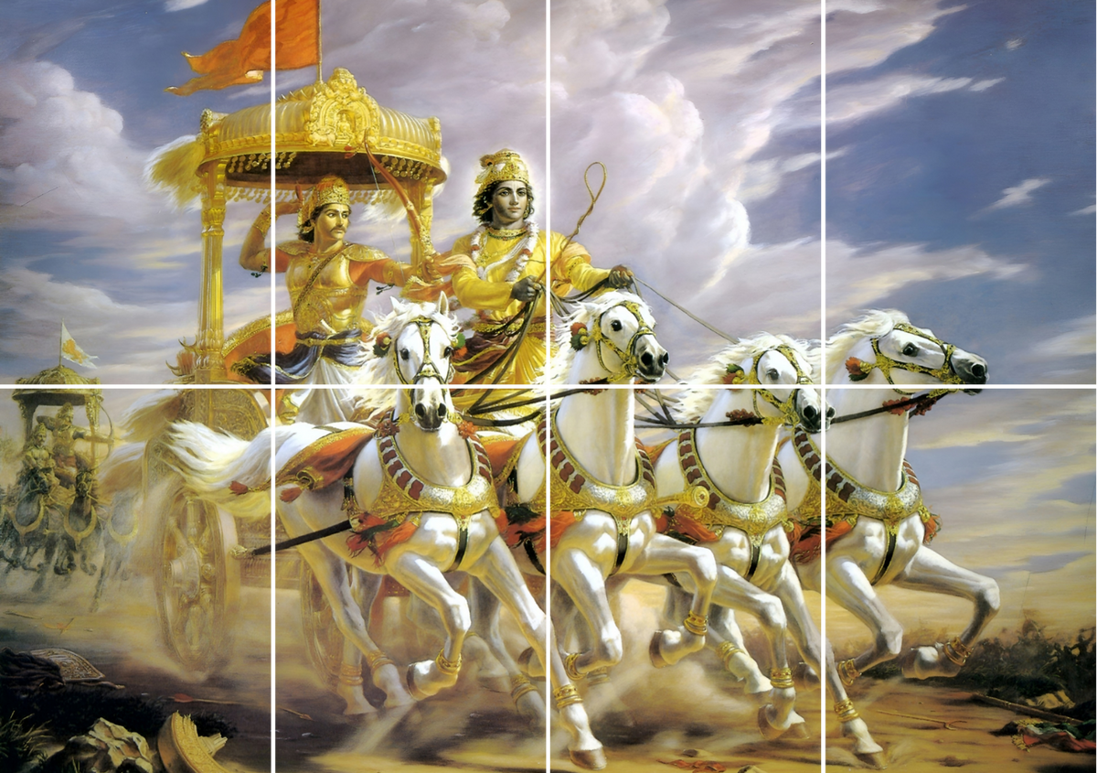 Krishna and Arjuna on a golden chariot pulled by four white horses under a cloudy sky, full artwork