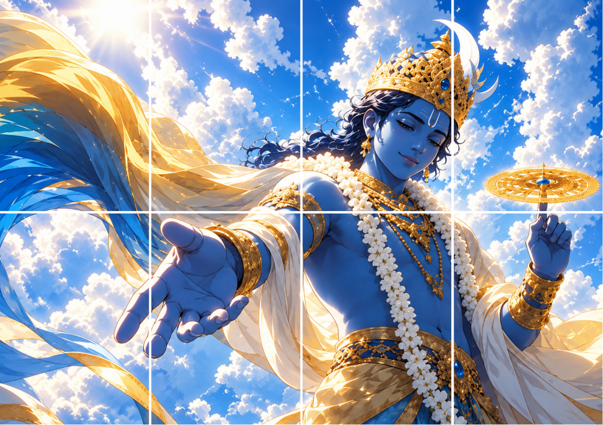 Blue Krishna with a golden crown holding the Sudarshan Chakra among bright clouds and golden silk, full artwork