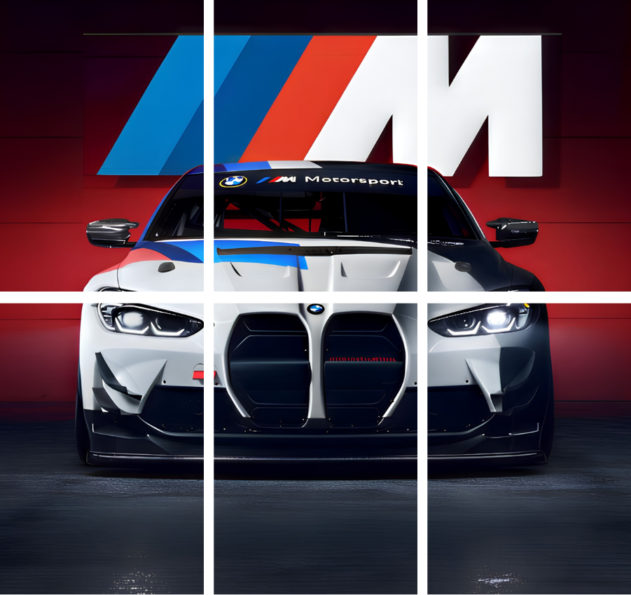 A white race coupe seen head-on against a red backdrop with blue and red stripes, full artwork