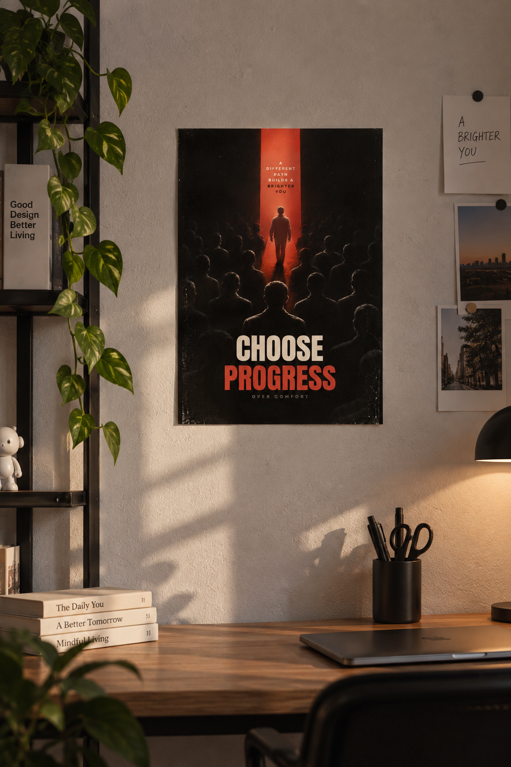 A lone figure walking out of a dark crowd into a red beam of light, with CHOOSE PROGRESS in bold letters, poster in a styled room
