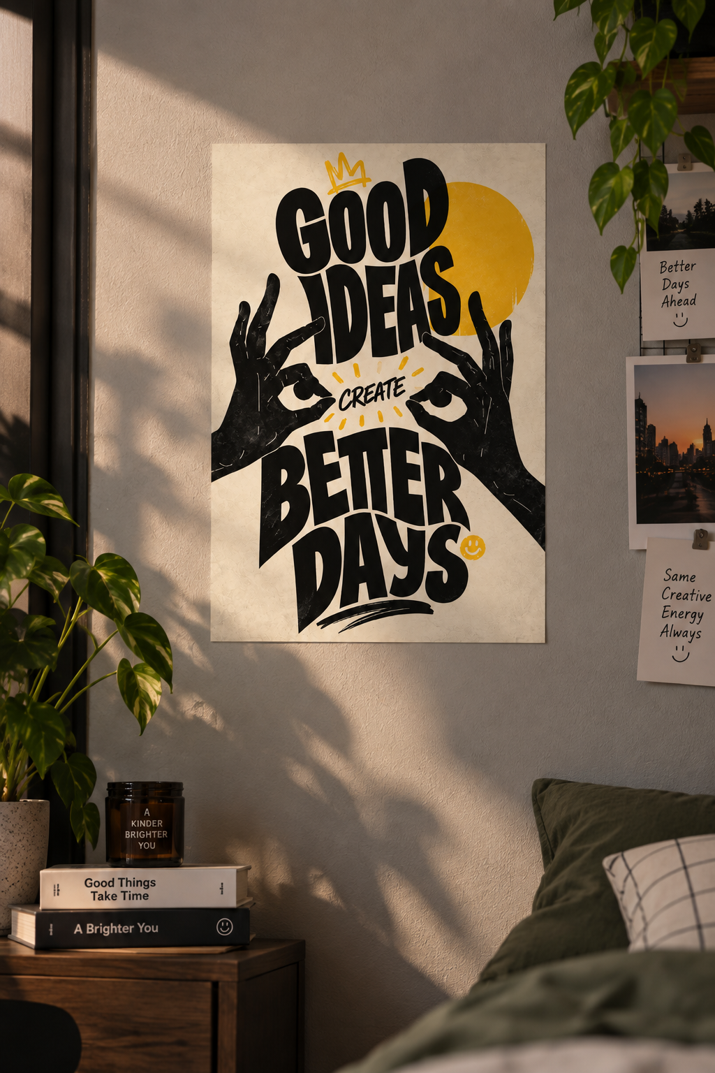 Hand-drawn hands framing the words GOOD IDEAS CREATE BETTER DAYS, with a yellow sun and crown, poster in a styled room