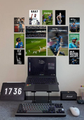 Cricket gallery wall of 11 posters with match moments and motivational lines around two large prints, wall poster pack above a desk