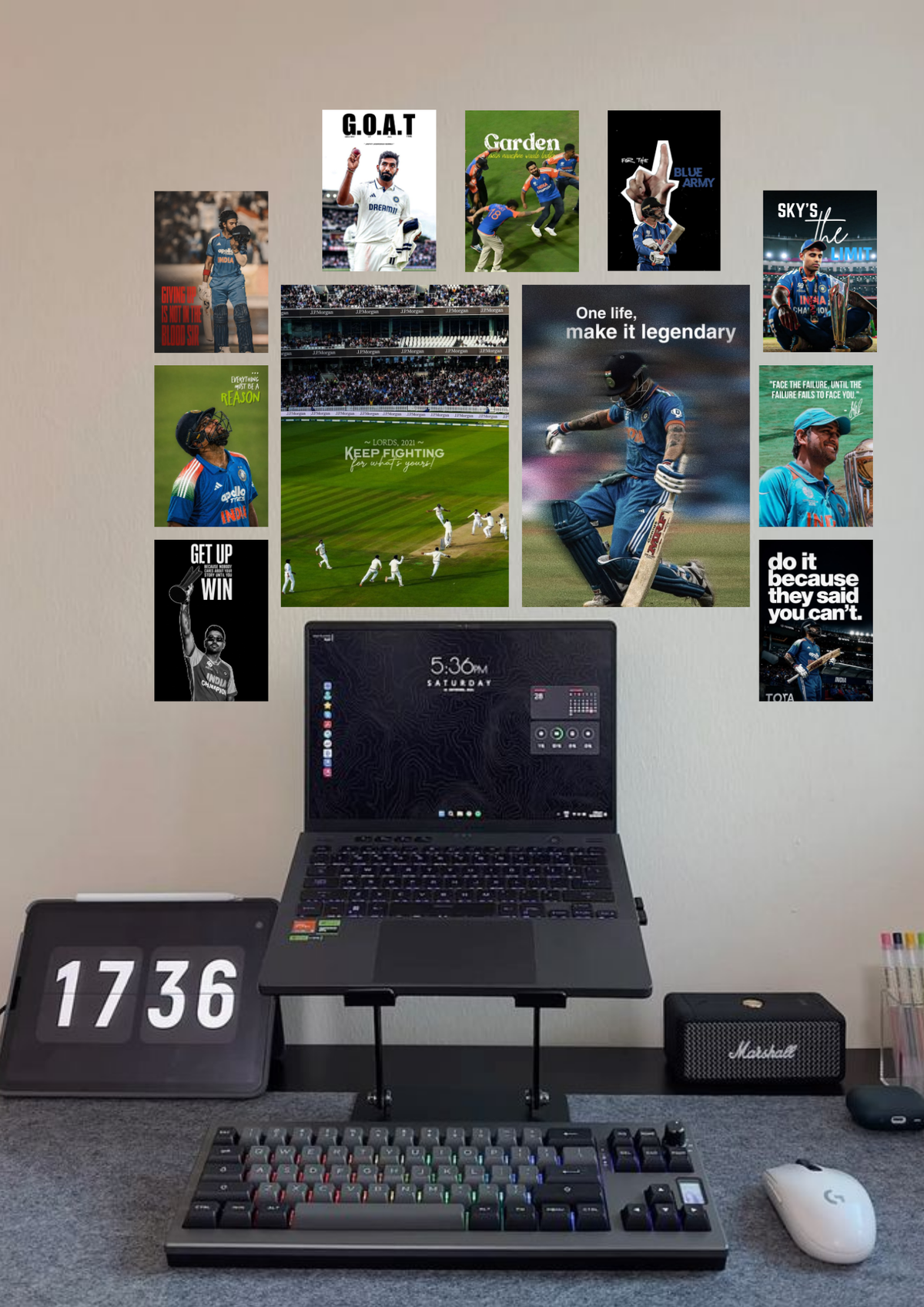 Cricket gallery wall of 11 posters with match moments and motivational lines around two large prints, wall poster pack above a desk